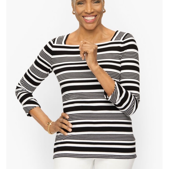 Talbots Black and White Striped Square Neck Tee Size XL - Picture 1 of 8